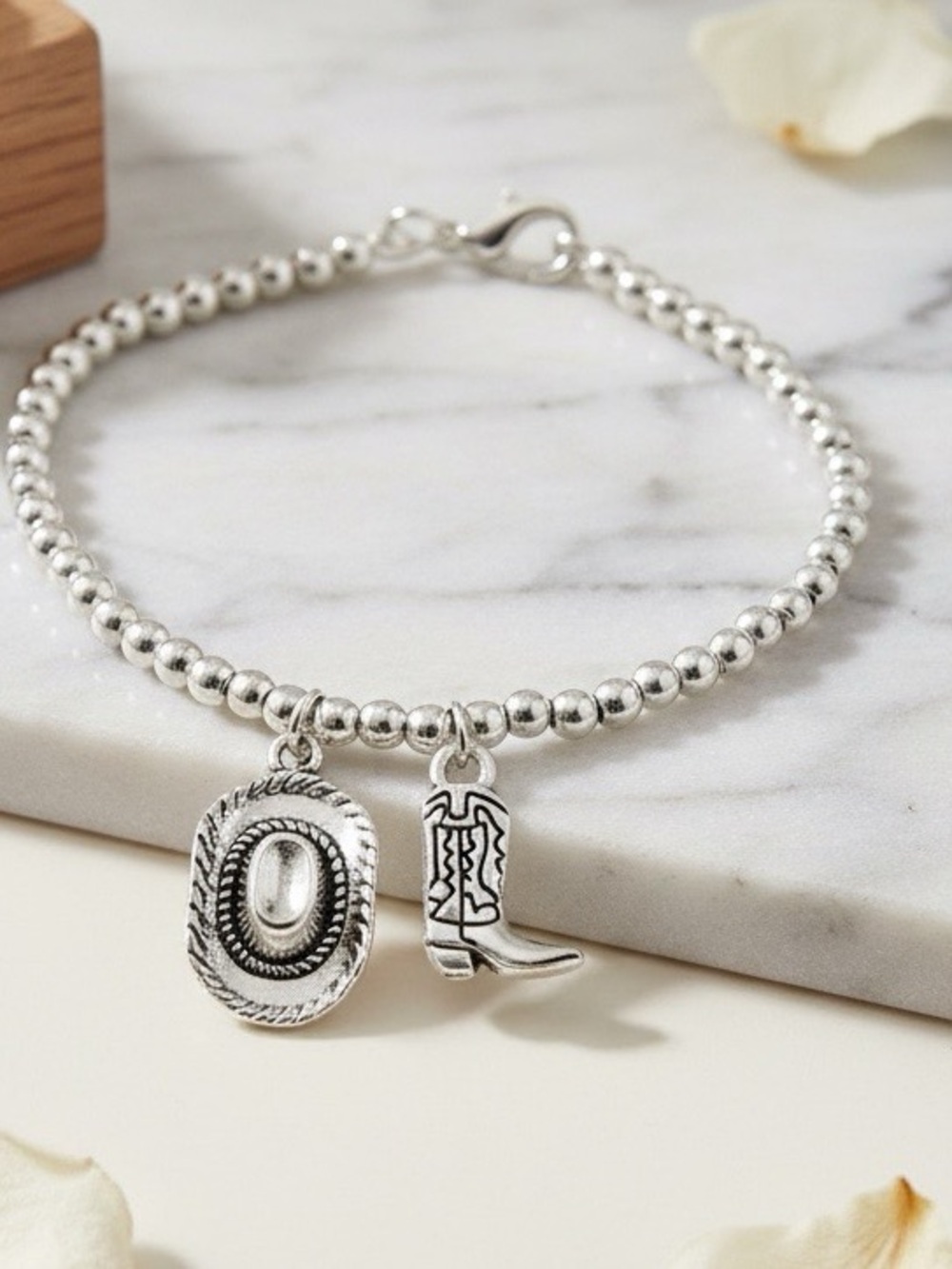 Silver Beaded Boot & Cowboy Hat Charm Bracelet Cowgirl Rodeo Country Western - Picture 3 of 5